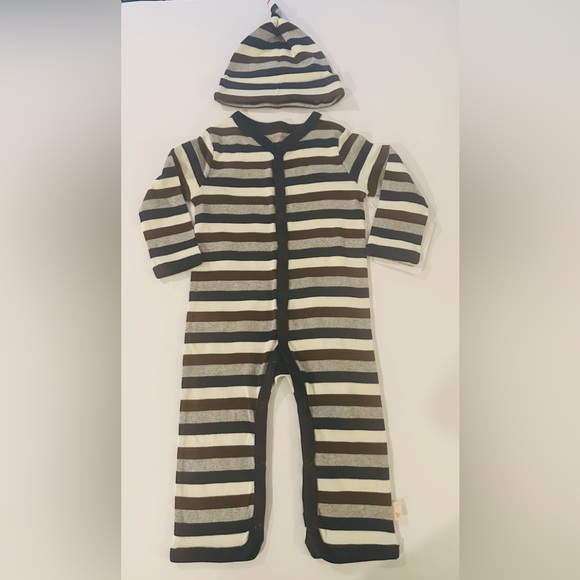 Burts Bees Baby Other - Burt’s Bee Baby New Striped Kids One Piece w/ Hat Brown, Cream, & Blue 12 month